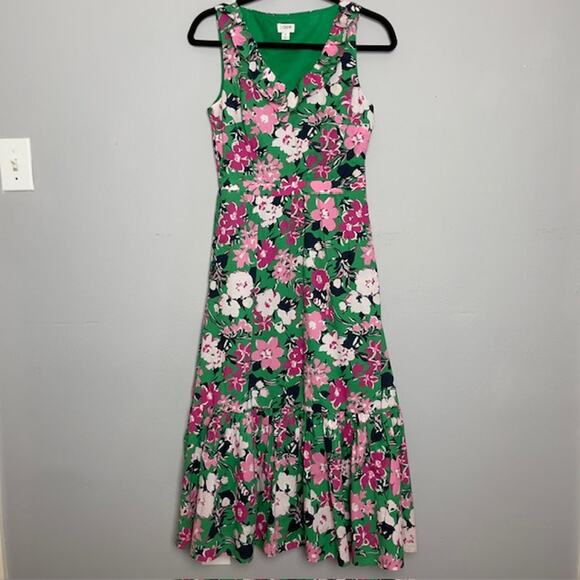J. Crew Size 2 Green Floral Dress Woman Ruffles Pockets Beach Cruise Resort - Picture 1 of 8